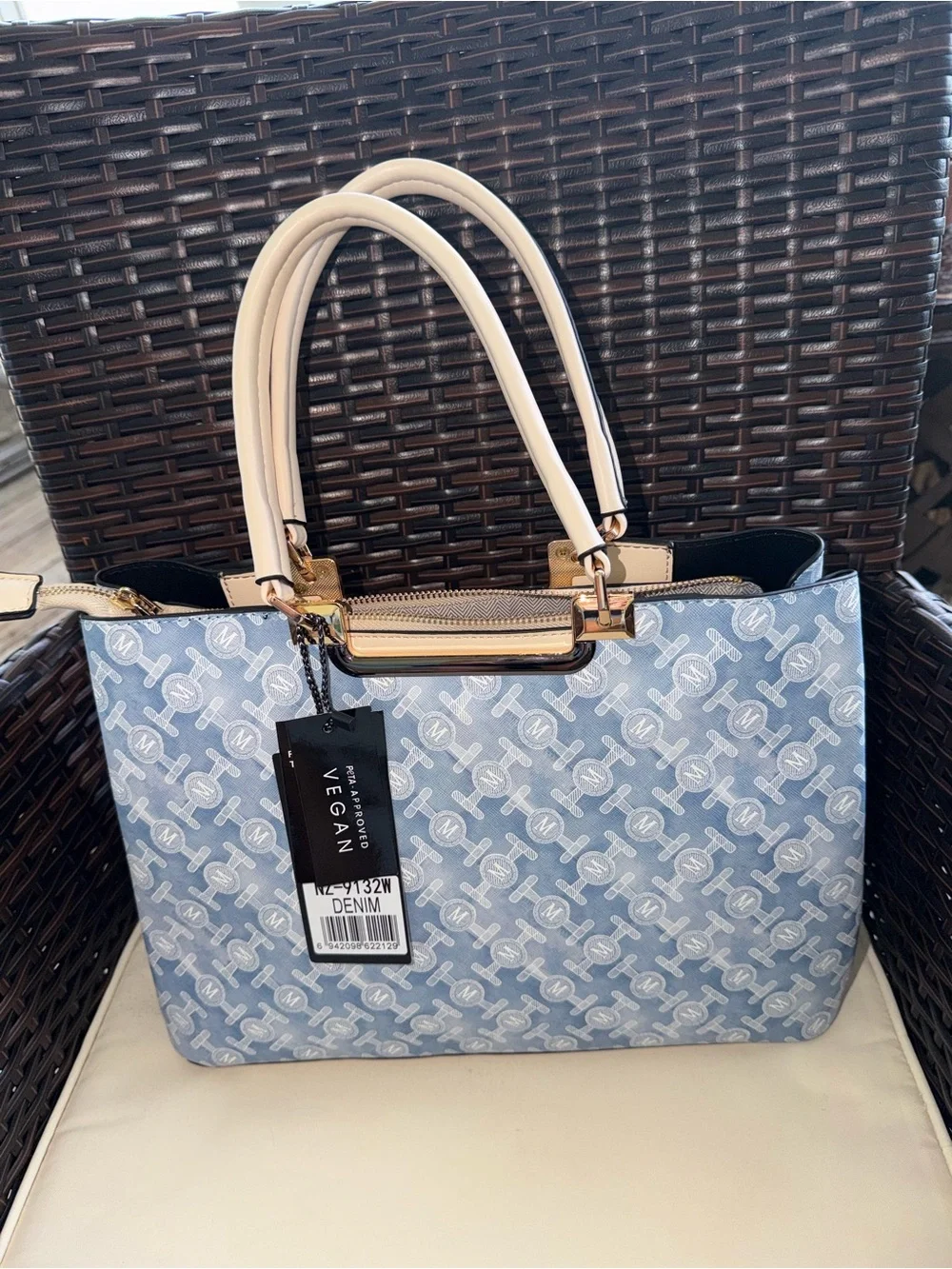Denim Monogram Satchel with Cream Handles